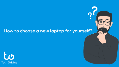 Reads: How to choose a new laptop for yourself? With a vector image of a man thinking